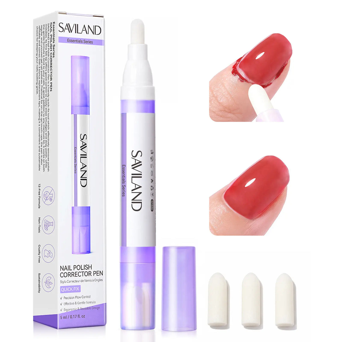 SAVILAND Nail Polish Remover Corrector Pen Set - Refillable Precision Cleanup Marker | Acetone-Free Gentle Formula for Cuticle Edge Clean Up, DIY Manicure
