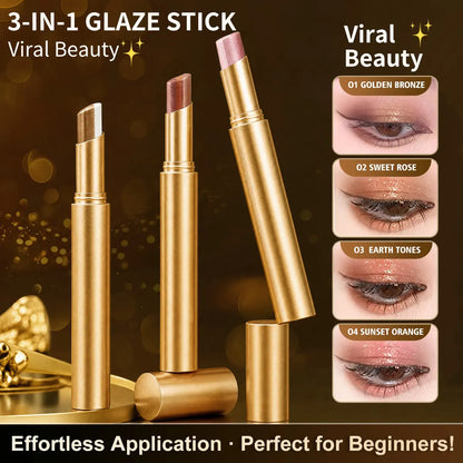 Pack of 4 3-Color Eyeshadow Stick Gradient, Waterproof Long Lasting Creamy Shimmer Eye Shadow, Portable Smudge-Proof Glitter Makeup for Women, Day to Night (Fine Shimmer Brownish Orange)