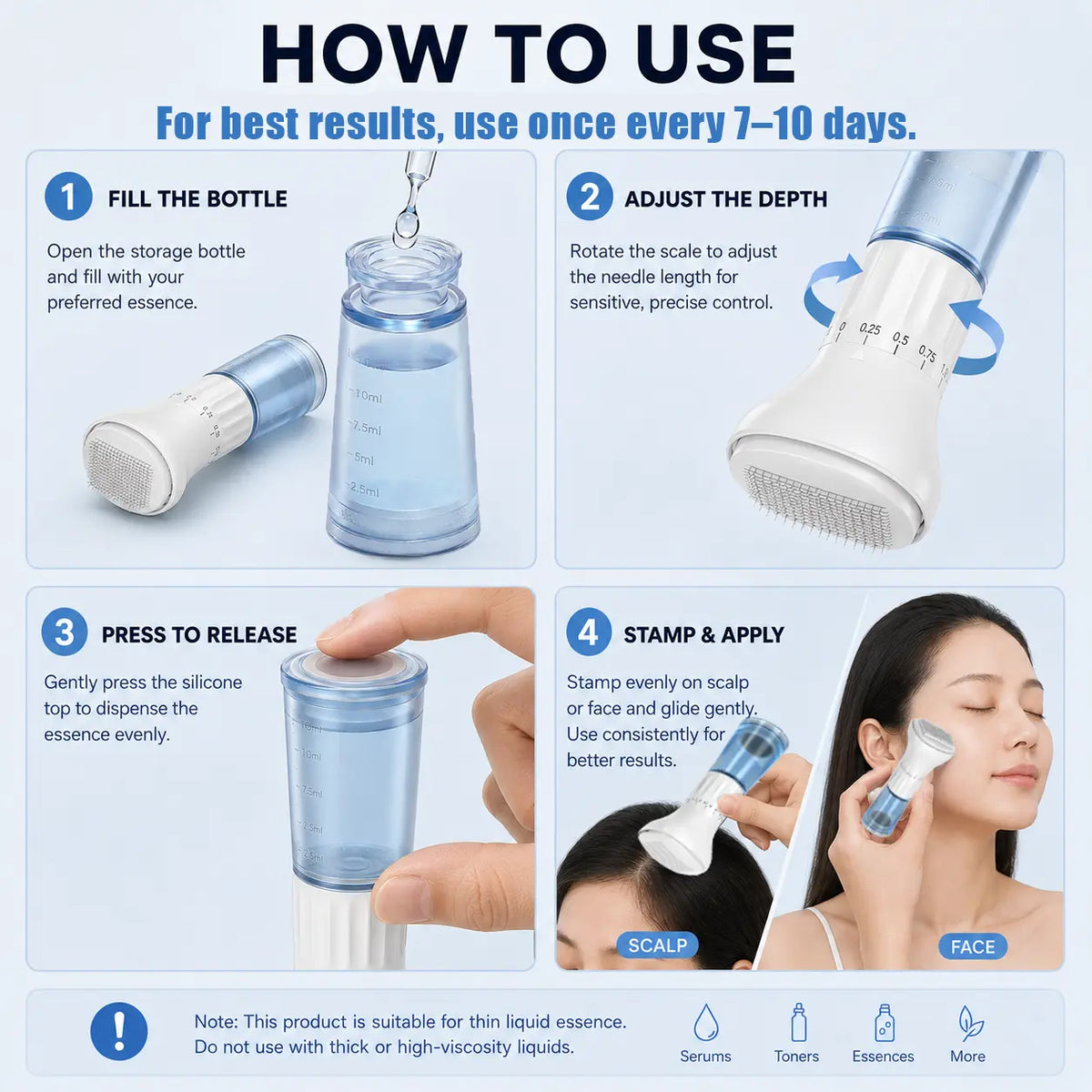 Titanium Derma Stamp - 0.25Mm Adjustable Depth Microneedling Cosmetic Tool, 140 Fine Pins, 10Ml Serum Applicator, Lightweight Daily at Home Facial Tool, Easy to Clean, Portable for Scalp & Beard Care