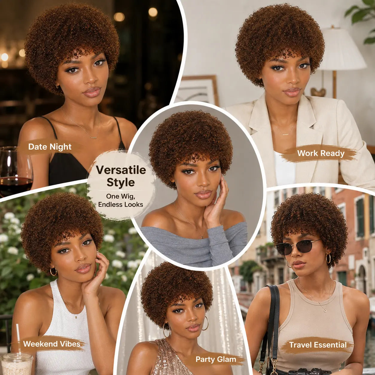 Glueless Water Wave Curly Wig for Women Short Wig Wear and Go No Lace No Glue Beginner-Friendly Chocolate Brown Color 6 Inch Machine Made Wig