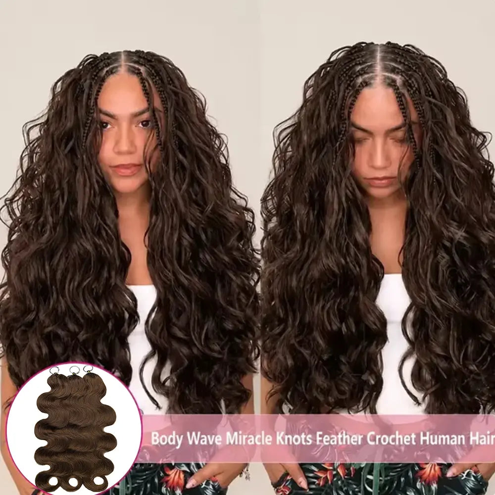 Asakiss Hair #4 Chocolate Brown Body Wave Crochet Human Hair for Miracle Knots, Burmese Curlycrochet Hair Pre-Separated Soft Lightweight Natural Look Boho Braids 50G/Pack,4-5 Packs for Full Head,Reusable Feather Crochet Extensions