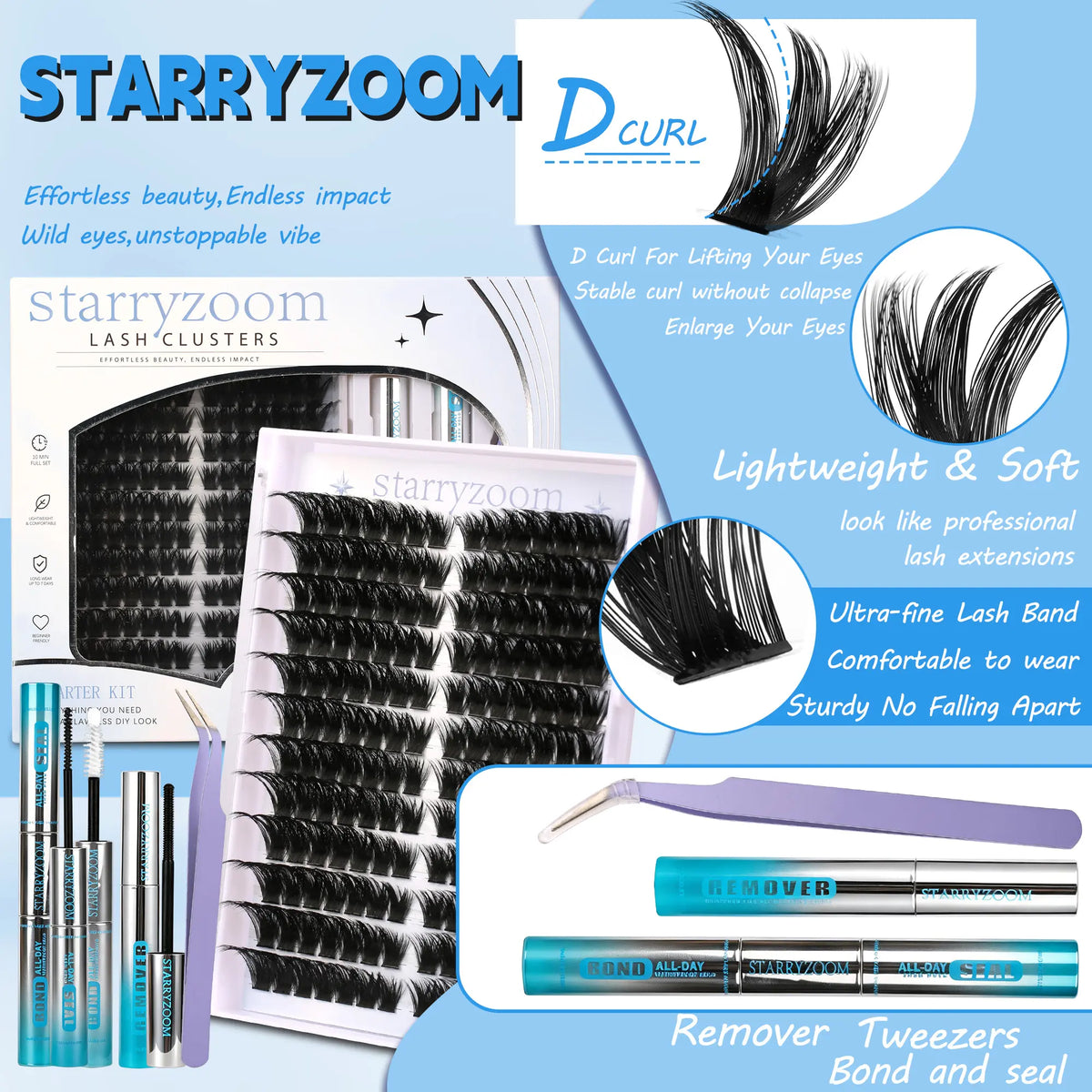 DIY At-Home Lash Cluster Kit for Eyelash Extensions, Complete Makeup Set with Bond, Seal, Remover & Applicator, Adult-Use False Lashes, Cosmetics Accessories, Eye Makeup Tool