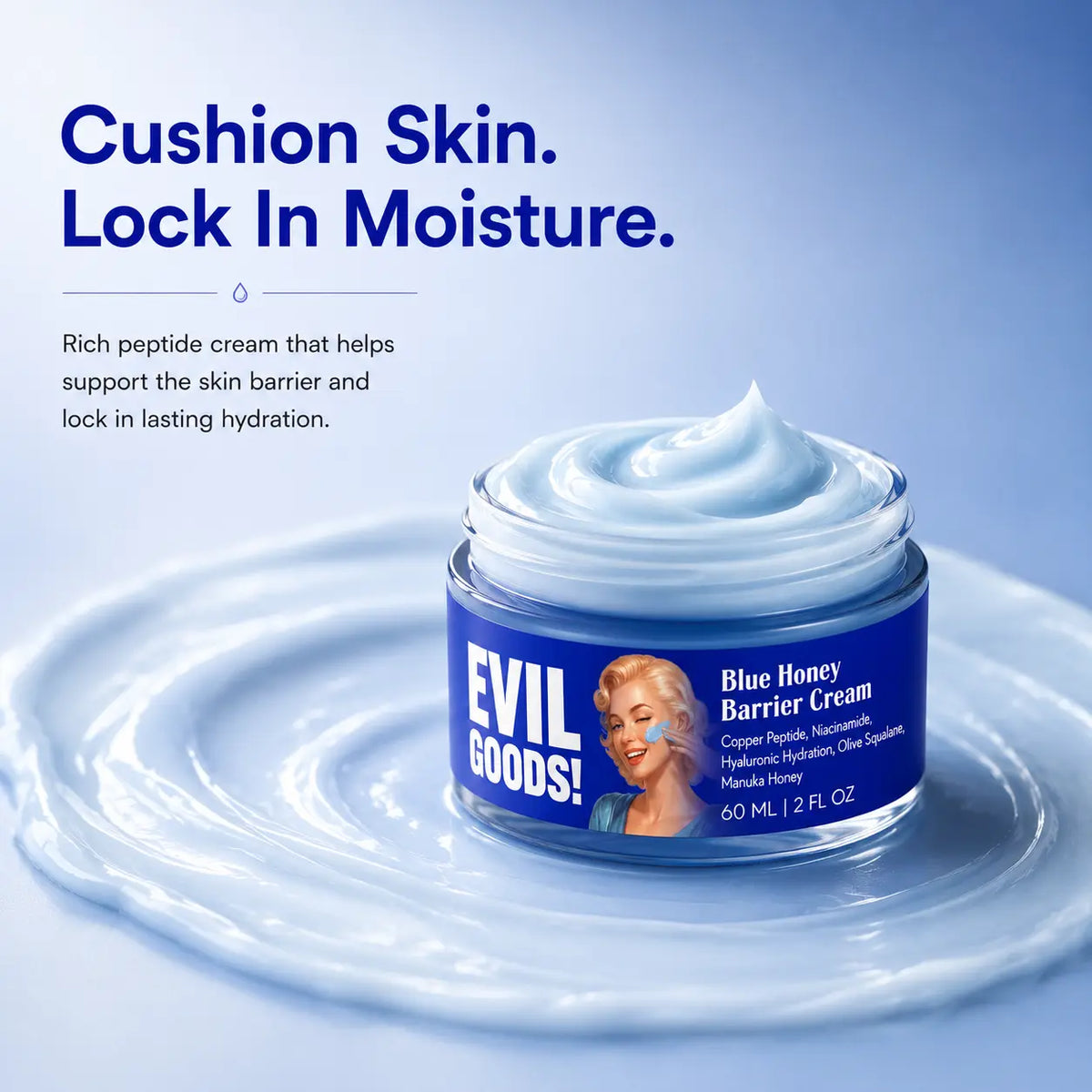 EVIL GOODS Blue Honey Barrier Cream - Lightweight Grape Serum Moisturizer with Copper Peptide, Niacinamide, Hyaluronic Acid for Dry, Dull, Normal Skin - Evening Moisture Boost (2 Oz)