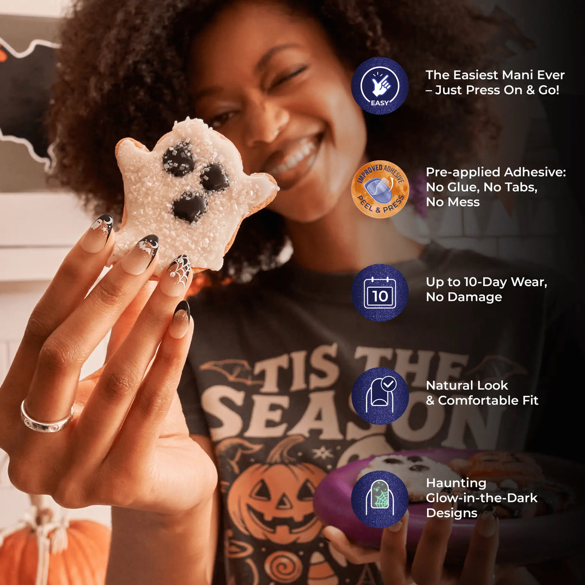Impress Design Halloween No Glue Fake Press on Nails - Fangs Out | Design, Orange, Short, Squoval, Glow in the Dark, Manicure