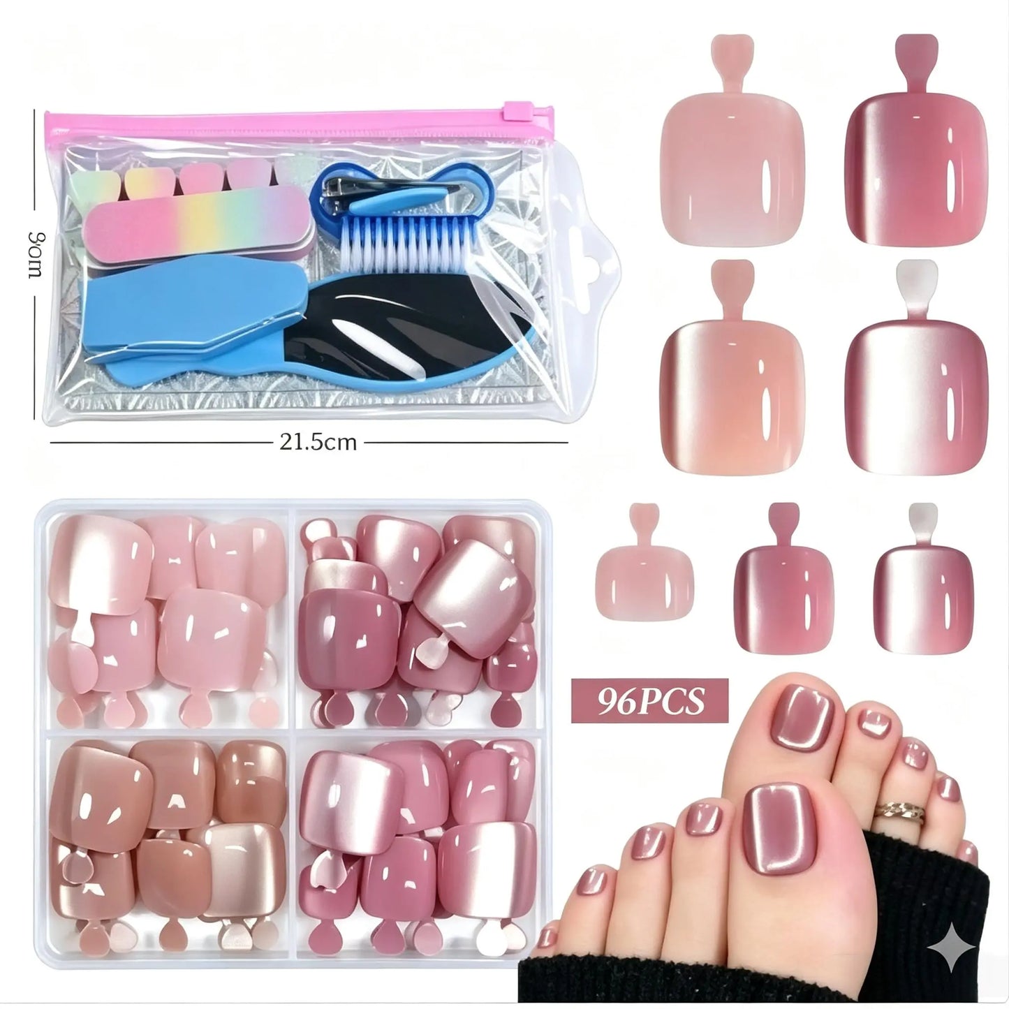 CHOIN Press on Toe Nails Set - 150Pcs Pre-Shaped Square Soft Gel Acrylic Nails, Berry Pink Full Cover Long-Lasting Stick & Build Extensions, 15 Multi-Size Glossy French Tips for DIY Pedicure, Valentine'S Day Gift, Press on Nail Sets