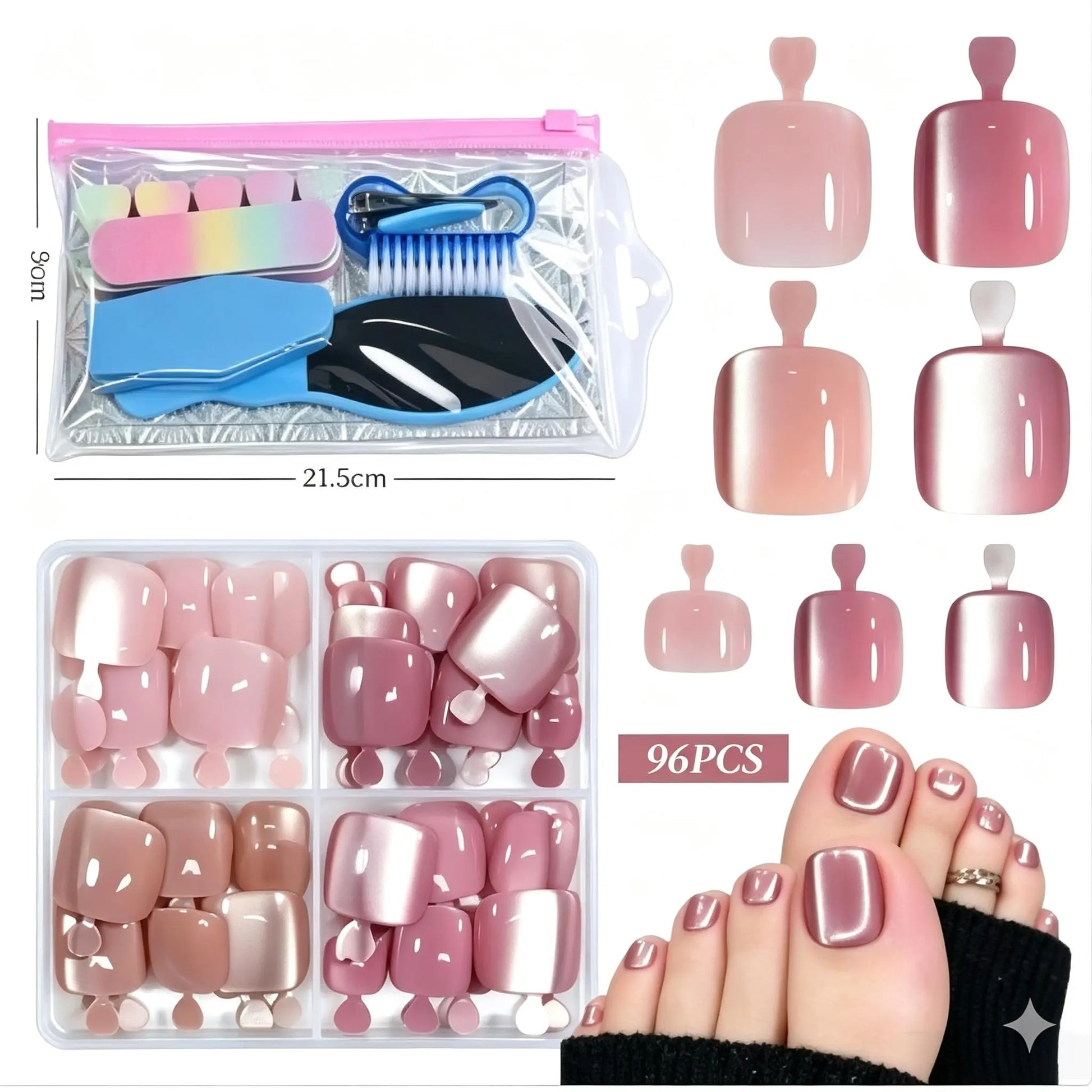 CHOIN Press on Toe Nails Set - 150Pcs Pre-Shaped Square Soft Gel Acrylic Nails, Berry Pink Full Cover Long-Lasting Stick & Build Extensions, 15 Multi-Size Glossy French Tips for DIY Pedicure, Valentine'S Day Gift, Press on Nail Sets
