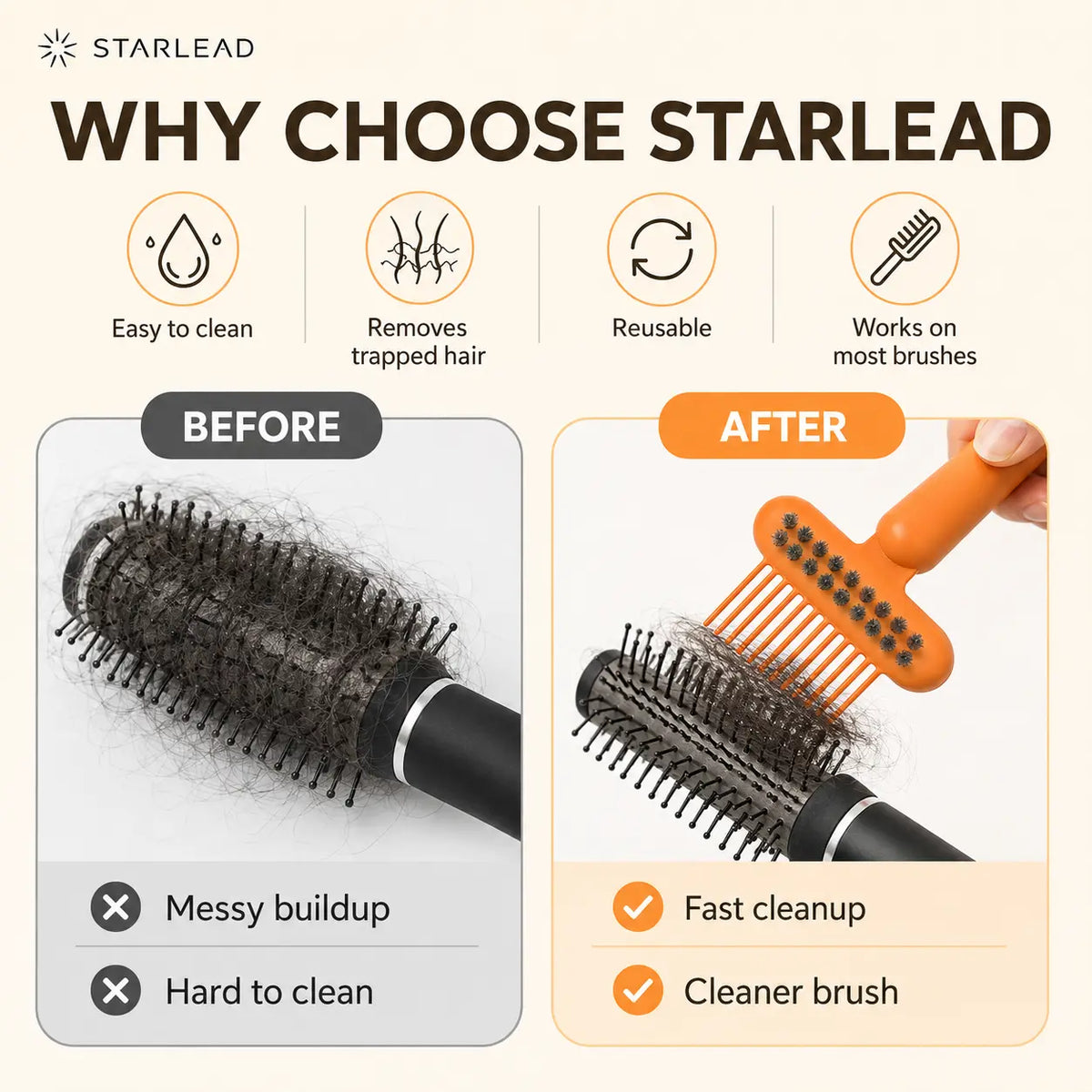 STARLEAD Hair Brush Cleaner Tool, Dual-Action Hairbrush Cleaning Comb with Scrubbing Bristles, Reusable Brush Cleaner for Removing Trapped Hair and Buildup, Easy Wash Hair Care Tool for Home, Salon and Travel
