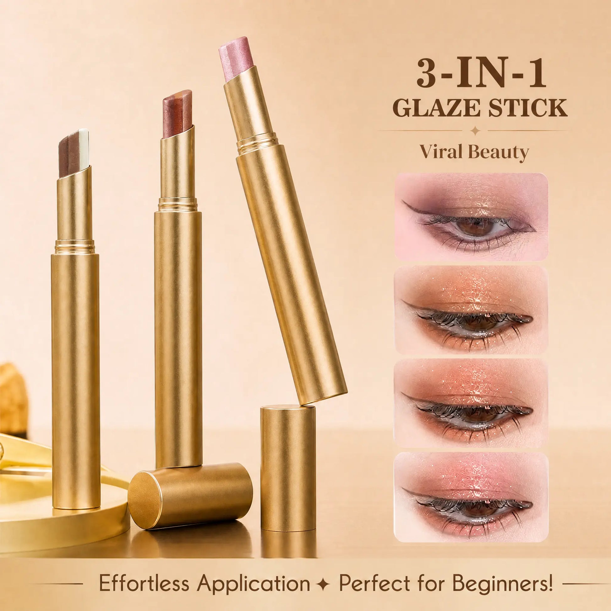Pack of 4 3-Color Eyeshadow Stick Gradient, Waterproof Long Lasting Creamy Shimmer Eye Shadow, Portable Smudge-Proof Glitter Makeup for Women, Day to Night (Fine Shimmer Brownish Orange)