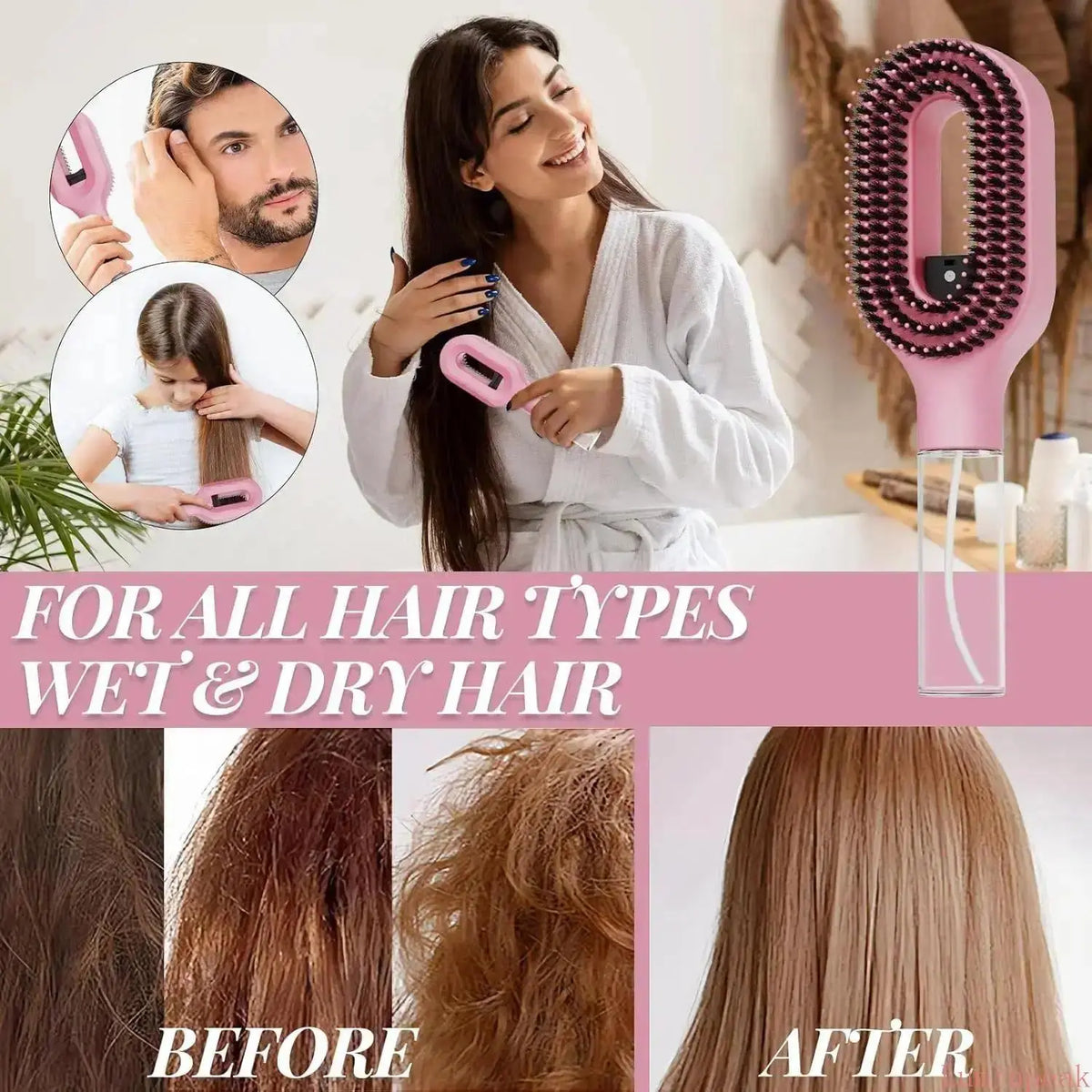 Compact Detangling Brush with Hydrating Mist Spray - Ergonomic, Eco-Friendly Frizz Control Styler for Curly Hair, Travel, and Morning Routines, Detangler Brush, Styling Brush, anti Tangle Brush, Travel Hairbrush