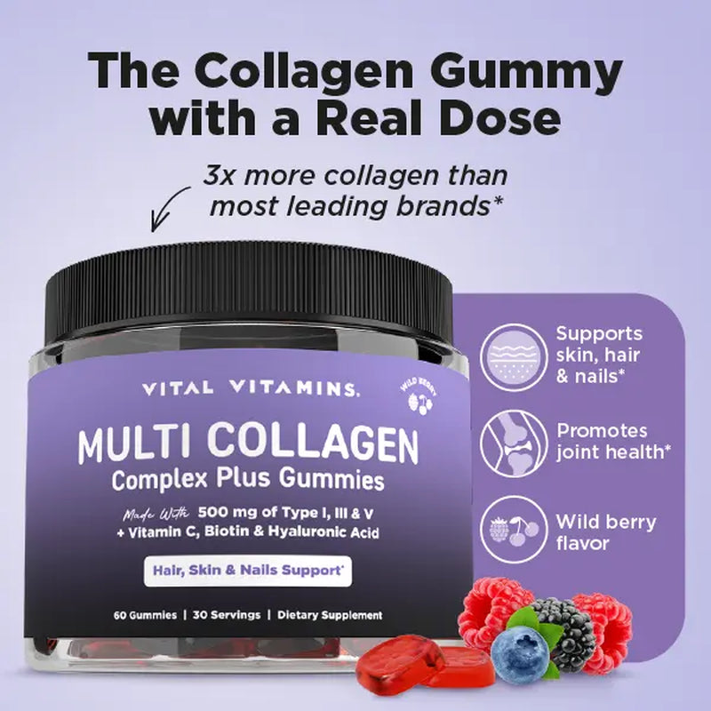 Vital Vitamins Multi Collagen Complex plus Gummies - 500Mg Collagen Types I, III & V with Hyaluronic Acid, Biotin, Vitamin C & Vitamin D - Wild Berry, 60 Gummies