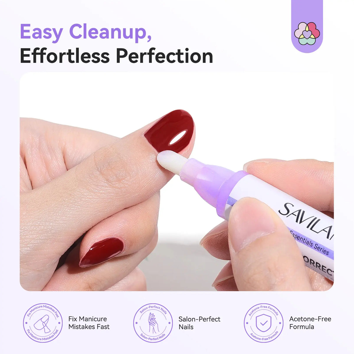 SAVILAND Nail Polish Remover Corrector Pen Set - Refillable Precision Cleanup Marker | Acetone-Free Gentle Formula for Cuticle Edge Clean Up, DIY Manicure