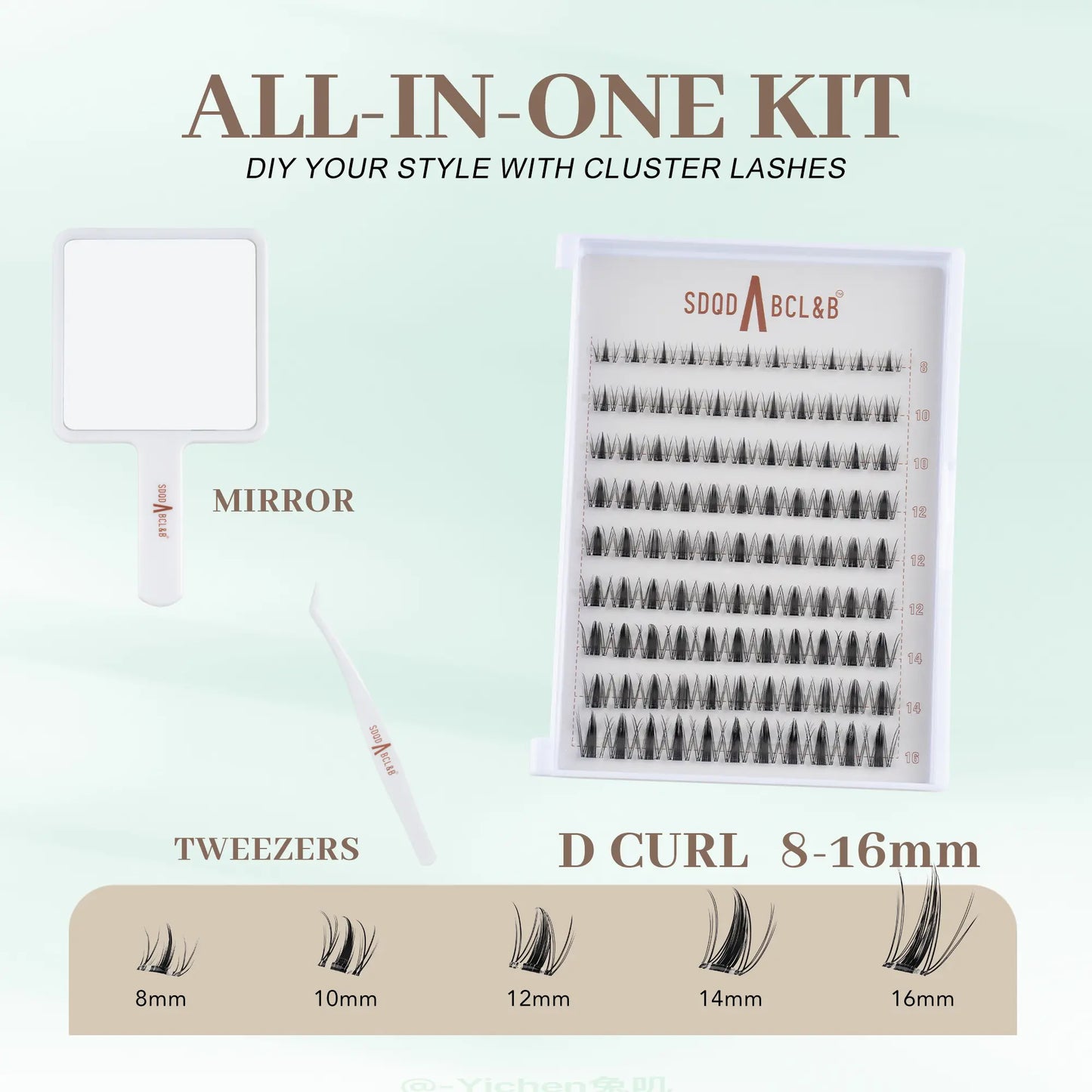 [Wildcat] No-Glue D-Curl Individual Lash Kit - 8-16Mm 0.03Mm Jelly-Coated Base Self-Adhesive Lashes, Tweezers, Handheld Mirror, Beginner-Friendly Lightweight Hypoallergenic Press-On False Eyelashes (Home Makeup Gift), Lash Cluster