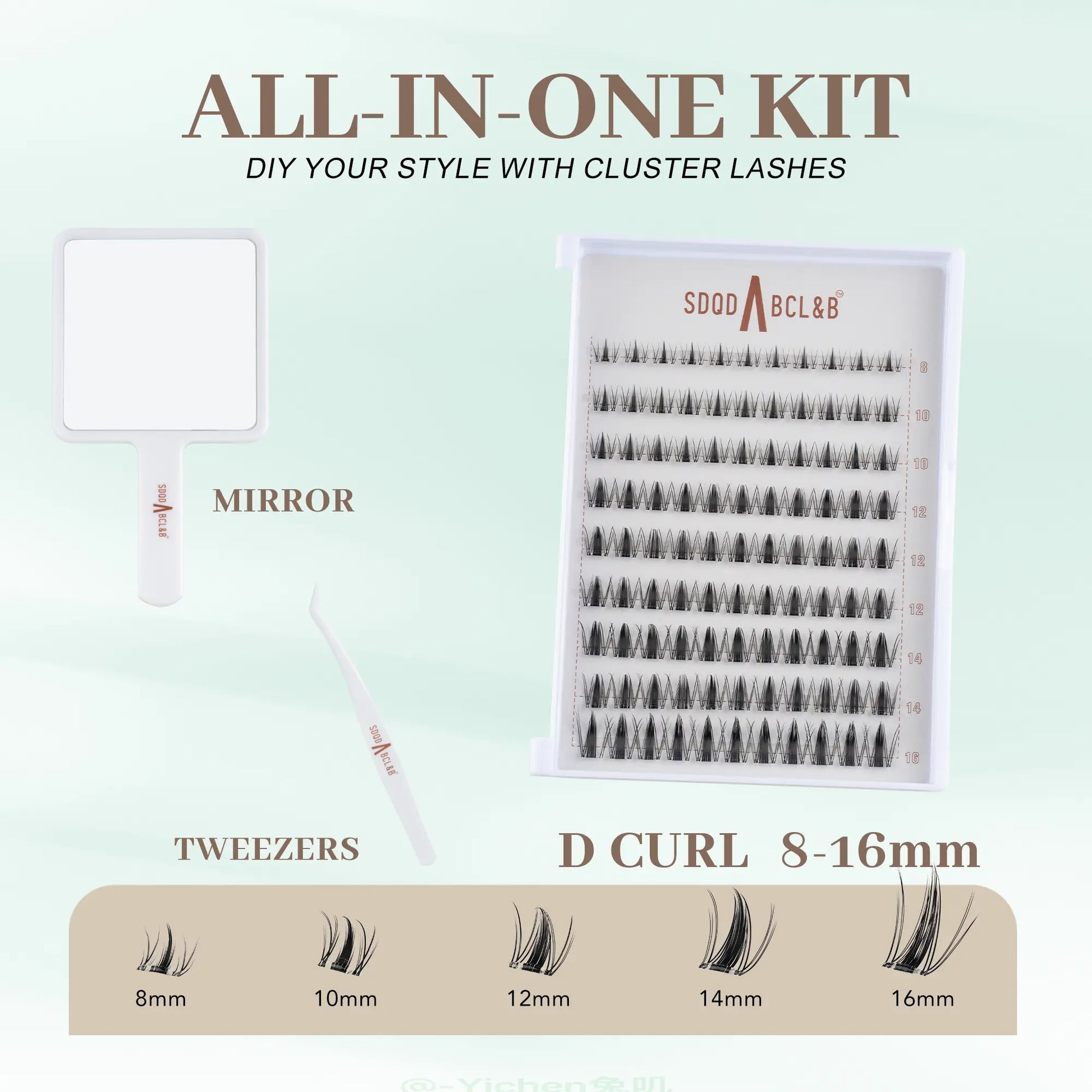 [Wildcat] No-Glue D-Curl Individual Lash Kit - 8-16Mm 0.03Mm Jelly-Coated Base Self-Adhesive Lashes, Tweezers, Handheld Mirror, Beginner-Friendly Lightweight Hypoallergenic Press-On False Eyelashes (Home Makeup Gift), Lash Cluster