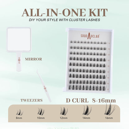 [Wildcat] No-Glue D-Curl Individual Lash Kit - 8-16Mm 0.03Mm Jelly-Coated Base Self-Adhesive Lashes, Tweezers, Handheld Mirror, Beginner-Friendly Lightweight Hypoallergenic Press-On False Eyelashes (Home Makeup Gift), Lash Cluster