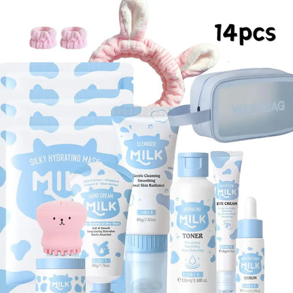 14PCS Milk Skincare Gift Set for Girls & Women, Facial Care Kit with Cleanser, Toner, Serum, Eye Cream, Hand Cream, Face Masks, Headband & Travel Cosmetic Bag, Hydrating & Nourishing Skin Care Set