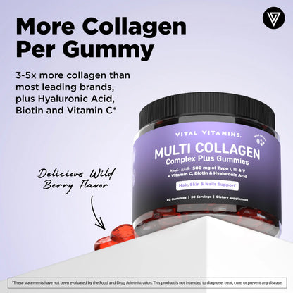Vital Vitamins Multi Collagen Complex plus Gummies - 500Mg Collagen Types I, III & V with Hyaluronic Acid, Biotin, Vitamin C & Vitamin D - Wild Berry, 60 Gummies
