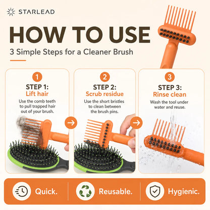 STARLEAD Hair Brush Cleaner Tool, Dual-Action Hairbrush Cleaning Comb with Scrubbing Bristles, Reusable Brush Cleaner for Removing Trapped Hair and Buildup, Easy Wash Hair Care Tool for Home, Salon and Travel