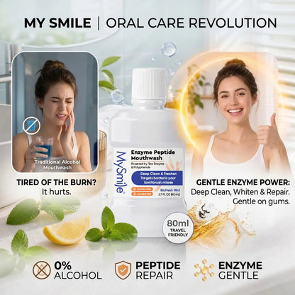 Mysmile Enzyme Peptide Whitening Mouthwash Cleanser - Alcohol-Free, Antibacterial, Xylitol, Anti-Cavity, Breath Freshening Oral Care, Bad Breath Fix, Moisturizing, Oil Control, 2.7 Fl Oz Travel Size, Unisex Adults