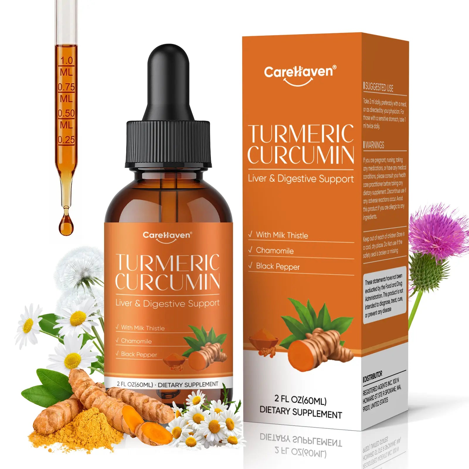 Carehaven Organic Turmeric Curcumin & Milk Thistle Liquid Drops - Prop 65 Safe Liver Aid with Dandelion, Chamomile, Black Pepper, Ginger, Orange Flavor, 2 Fl Oz Single Bottle