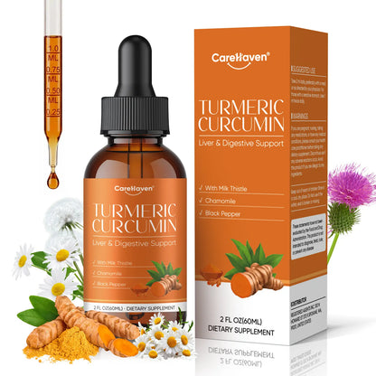 Carehaven Organic Turmeric Curcumin & Milk Thistle Liquid Drops - Prop 65 Safe Liver Aid with Dandelion, Chamomile, Black Pepper, Ginger, Orange Flavor, 2 Fl Oz Single Bottle