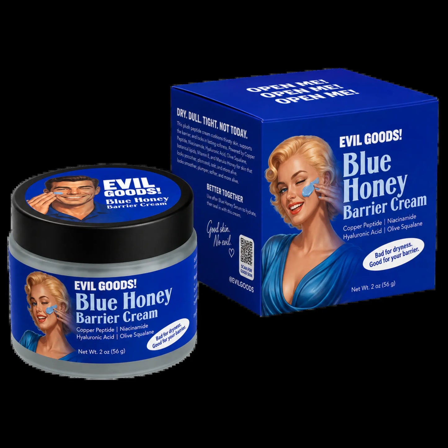 EVIL GOODS Blue Honey Barrier Cream - Lightweight Grape Serum Moisturizer with Copper Peptide, Niacinamide, Hyaluronic Acid for Dry, Dull, Normal Skin - Evening Moisture Boost (2 Oz)