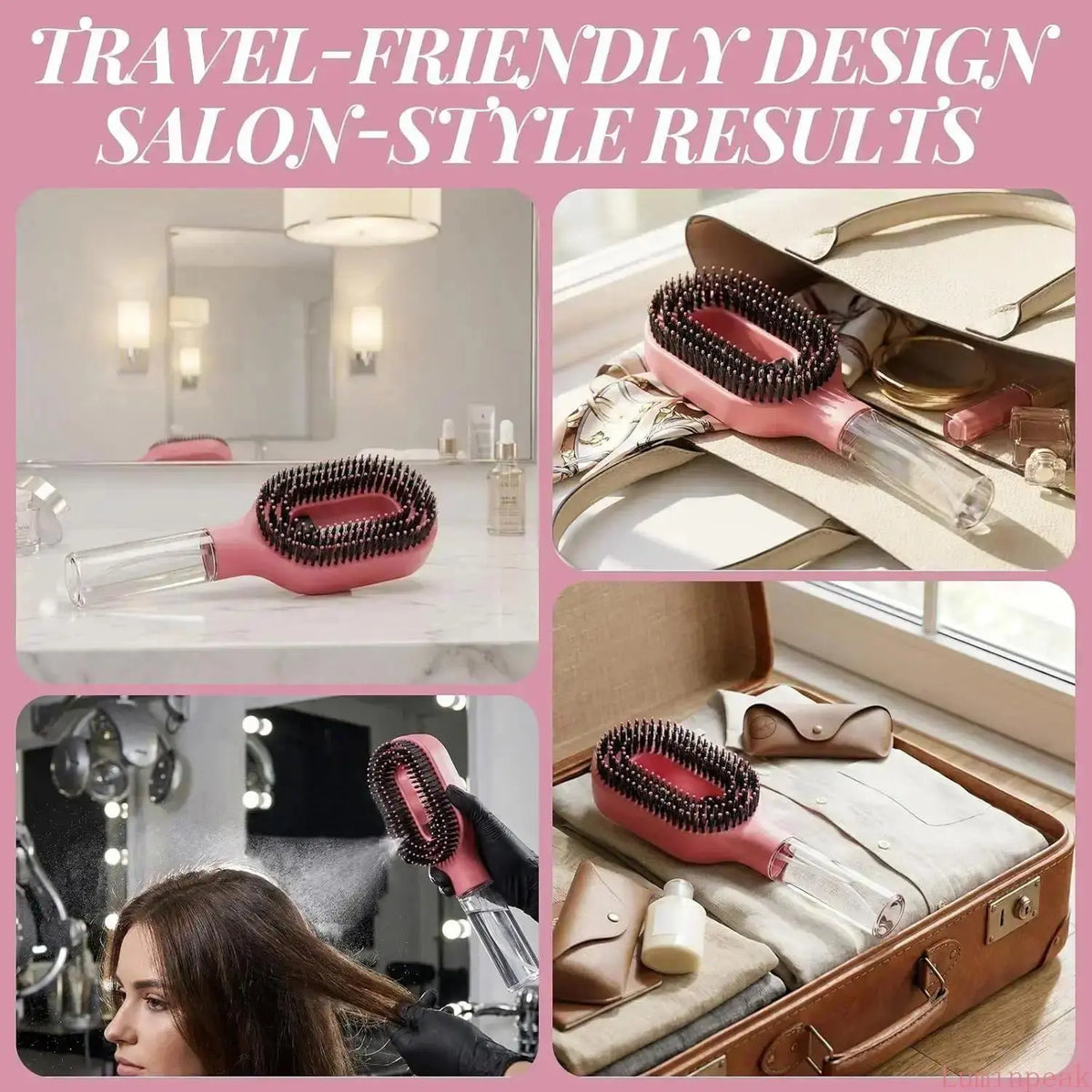 Compact Detangling Brush with Hydrating Mist Spray - Ergonomic, Eco-Friendly Frizz Control Styler for Curly Hair, Travel, and Morning Routines, Detangler Brush, Styling Brush, anti Tangle Brush, Travel Hairbrush