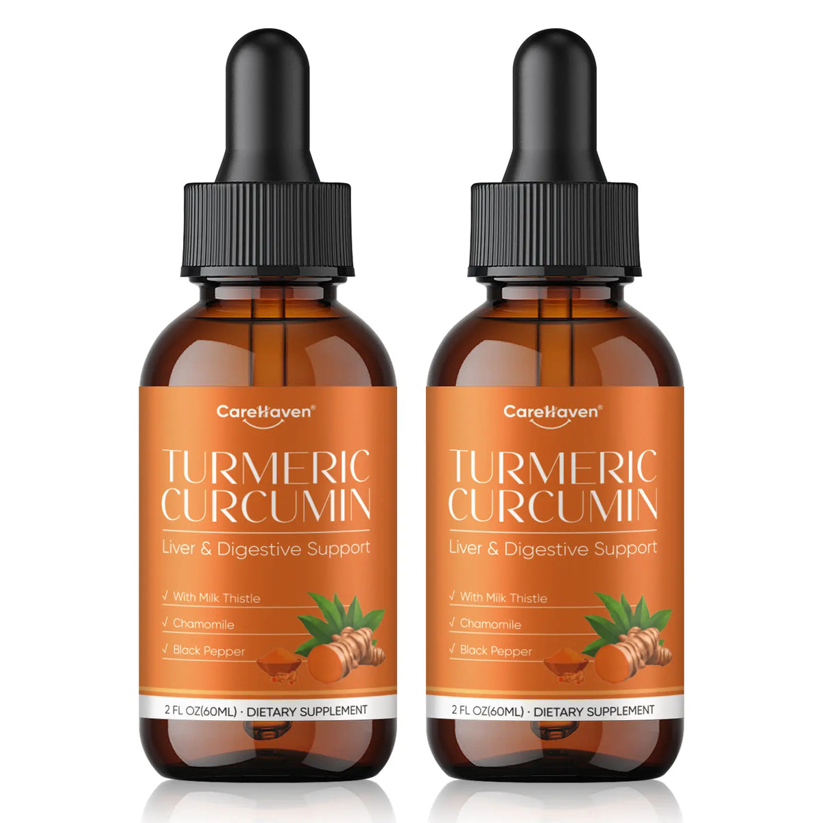 Carehaven Organic Turmeric Curcumin & Milk Thistle Liquid Drops - Prop 65 Safe Liver Aid with Dandelion, Chamomile, Black Pepper, Ginger, Orange Flavor, 2 Fl Oz Single Bottle