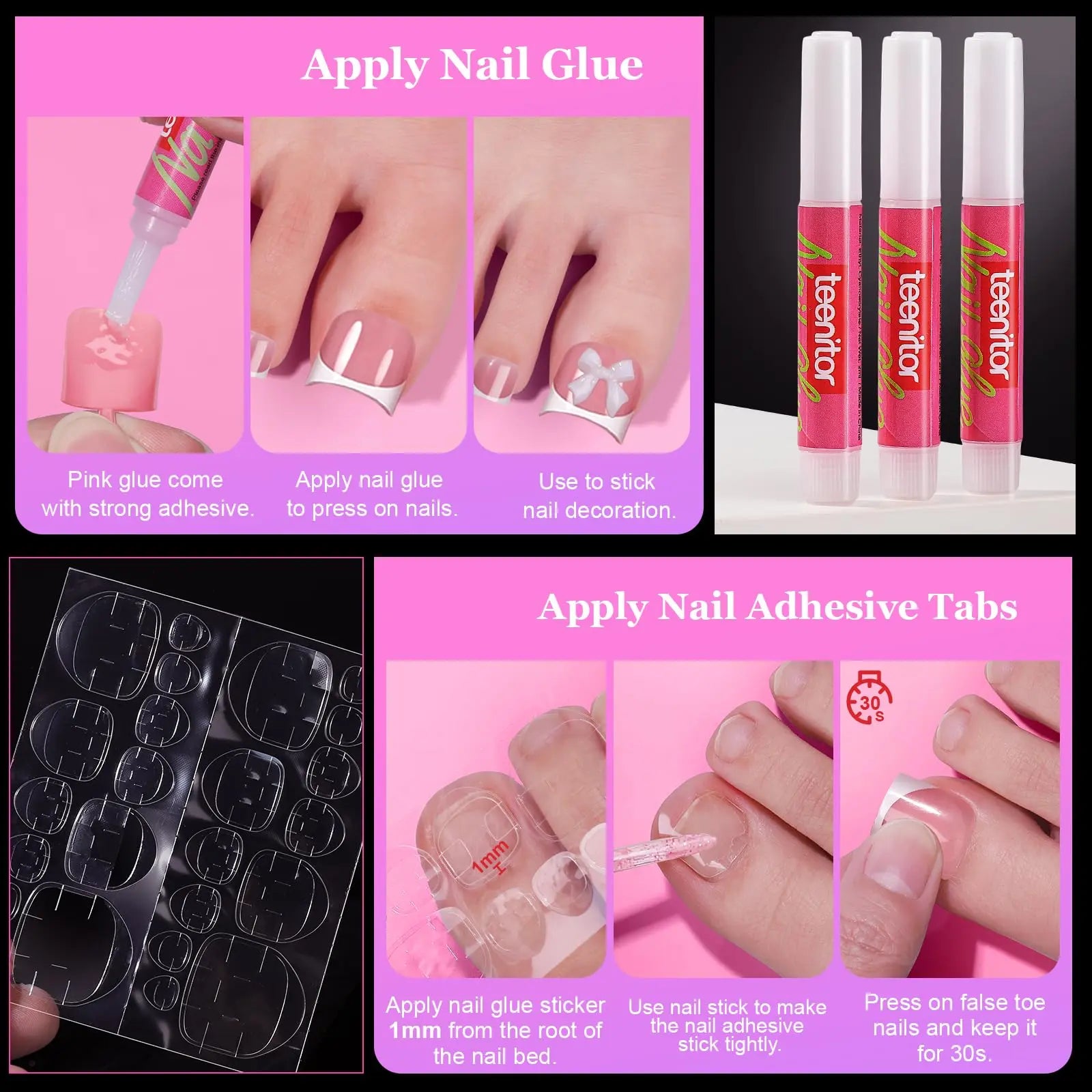 CHOIN Press on Toe Nails Set - 150Pcs Pre-Shaped Square Soft Gel Acrylic Nails, Berry Pink Full Cover Long-Lasting Stick & Build Extensions, 15 Multi-Size Glossy French Tips for DIY Pedicure, Valentine'S Day Gift, Press on Nail Sets