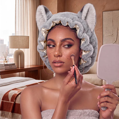 Brand Original Fox Ear Design Plush Satin Hair Bonnet for Sleeping, Soft Fleece Sleep Cap for Women with Satin Lining, Adjustable Elastic Band, anti Frizz Hair Protection Night Cap for Curly Hair, Braids, Natural Hair, Skincare & Lounge。