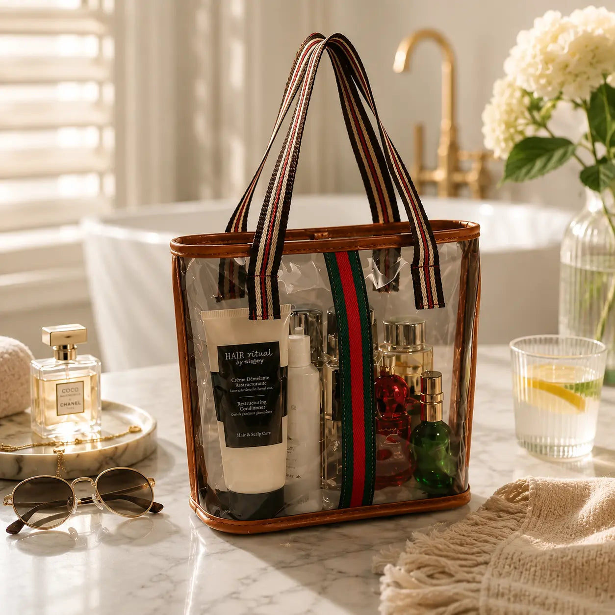Women'S PVC Waterproof Travel-Ready Makeup Bag, Home Organizer Storage Bag with Tote Handle & Zip Closure for Skincare & Toiletries