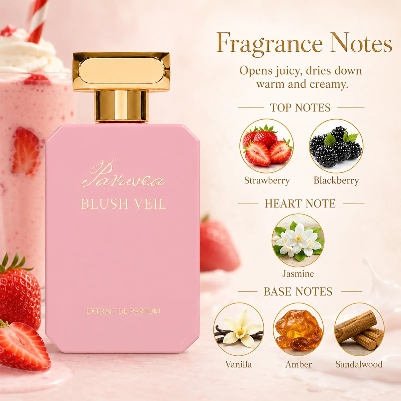 Paruvea Blush Veil Extrait De Parfum | Sweet Creamy Strawberry Milkshake | Blackberry Vanilla Jasmine | Soft Feminine Fruity Floral Perfume 100Ml (3.4 Fl Oz), #Backtoschool