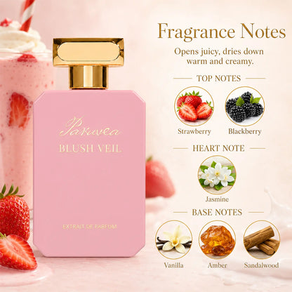 Paruvea Blush Veil Extrait De Parfum | Sweet Creamy Strawberry Milkshake | Blackberry Vanilla Jasmine | Soft Feminine Fruity Floral Perfume 100Ml (3.4 Fl Oz), #Backtoschool