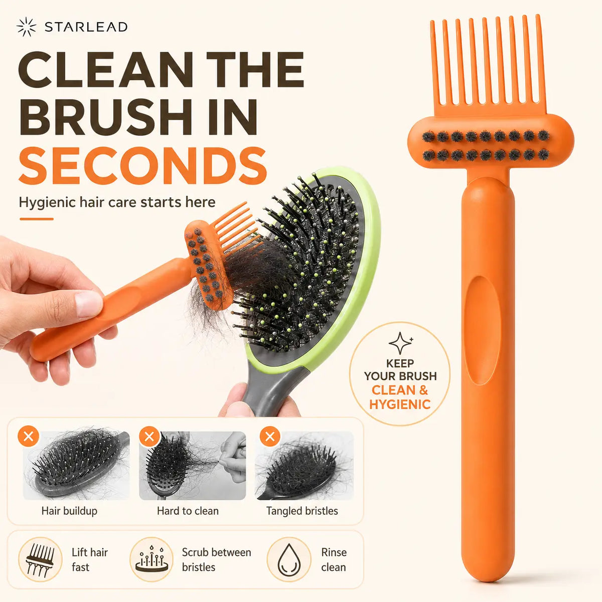 STARLEAD Hair Brush Cleaner Tool, Dual-Action Hairbrush Cleaning Comb with Scrubbing Bristles, Reusable Brush Cleaner for Removing Trapped Hair and Buildup, Easy Wash Hair Care Tool for Home, Salon and Travel
