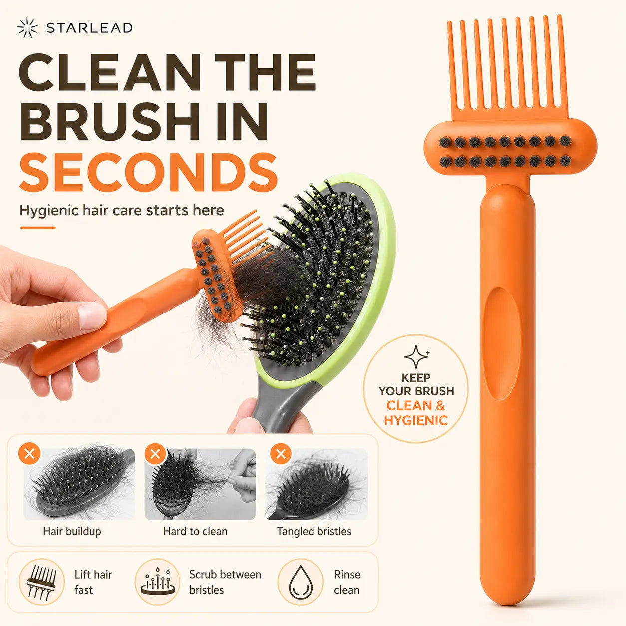 STARLEAD Hair Brush Cleaner Tool, Dual-Action Hairbrush Cleaning Comb with Scrubbing Bristles, Reusable Brush Cleaner for Removing Trapped Hair and Buildup, Easy Wash Hair Care Tool for Home, Salon and Travel