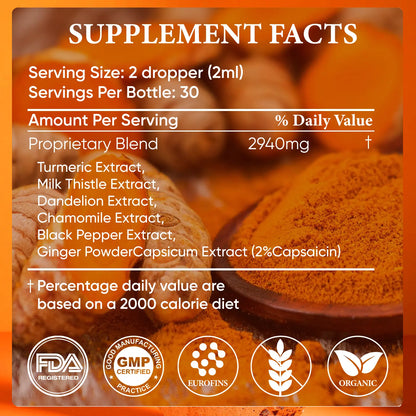 Carehaven Organic Turmeric Curcumin & Milk Thistle Liquid Drops - Prop 65 Safe Liver Aid with Dandelion, Chamomile, Black Pepper, Ginger, Orange Flavor, 2 Fl Oz Single Bottle