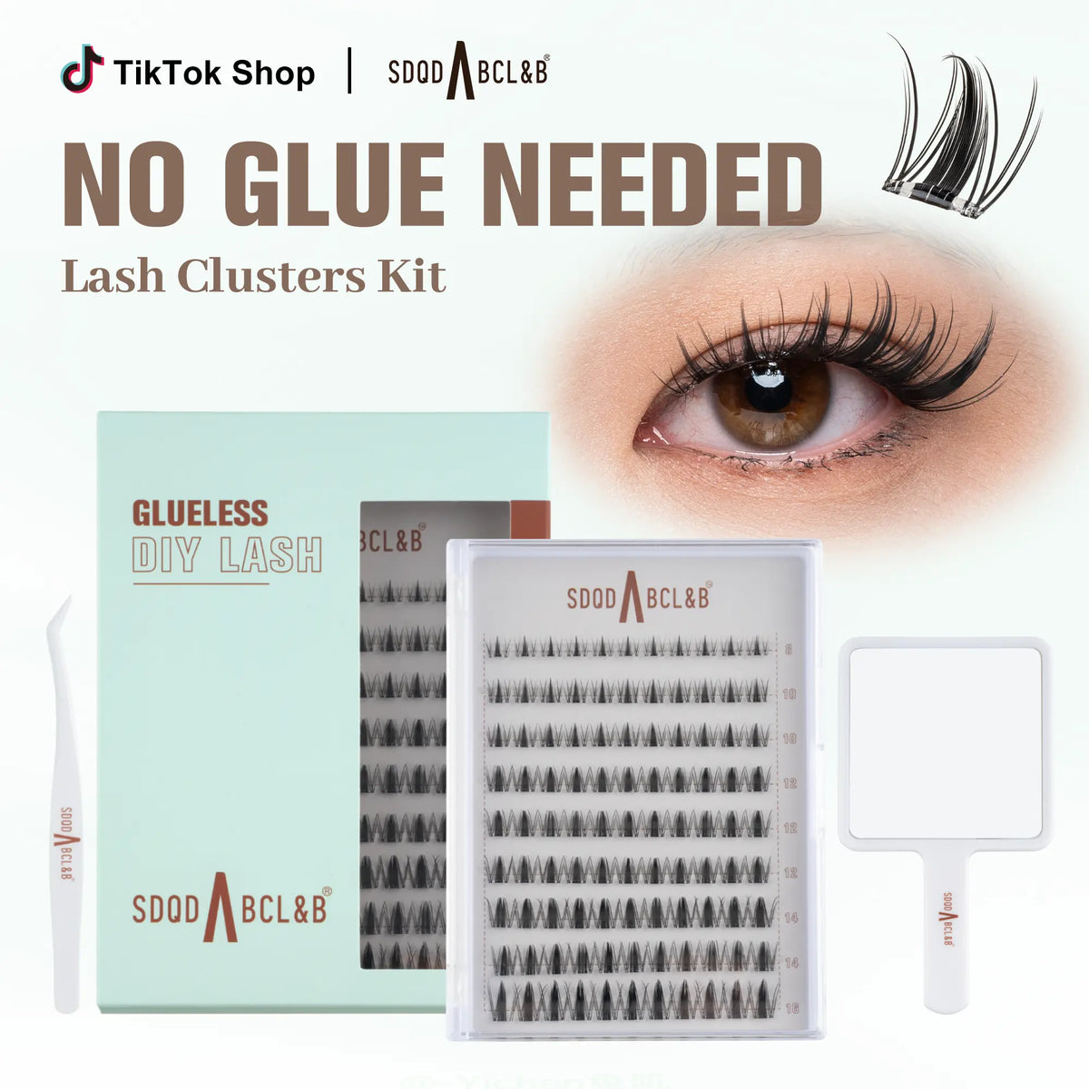 [Wildcat] No-Glue D-Curl Individual Lash Kit - 8-16Mm 0.03Mm Jelly-Coated Base Self-Adhesive Lashes, Tweezers, Handheld Mirror, Beginner-Friendly Lightweight Hypoallergenic Press-On False Eyelashes (Home Makeup Gift), Lash Cluster