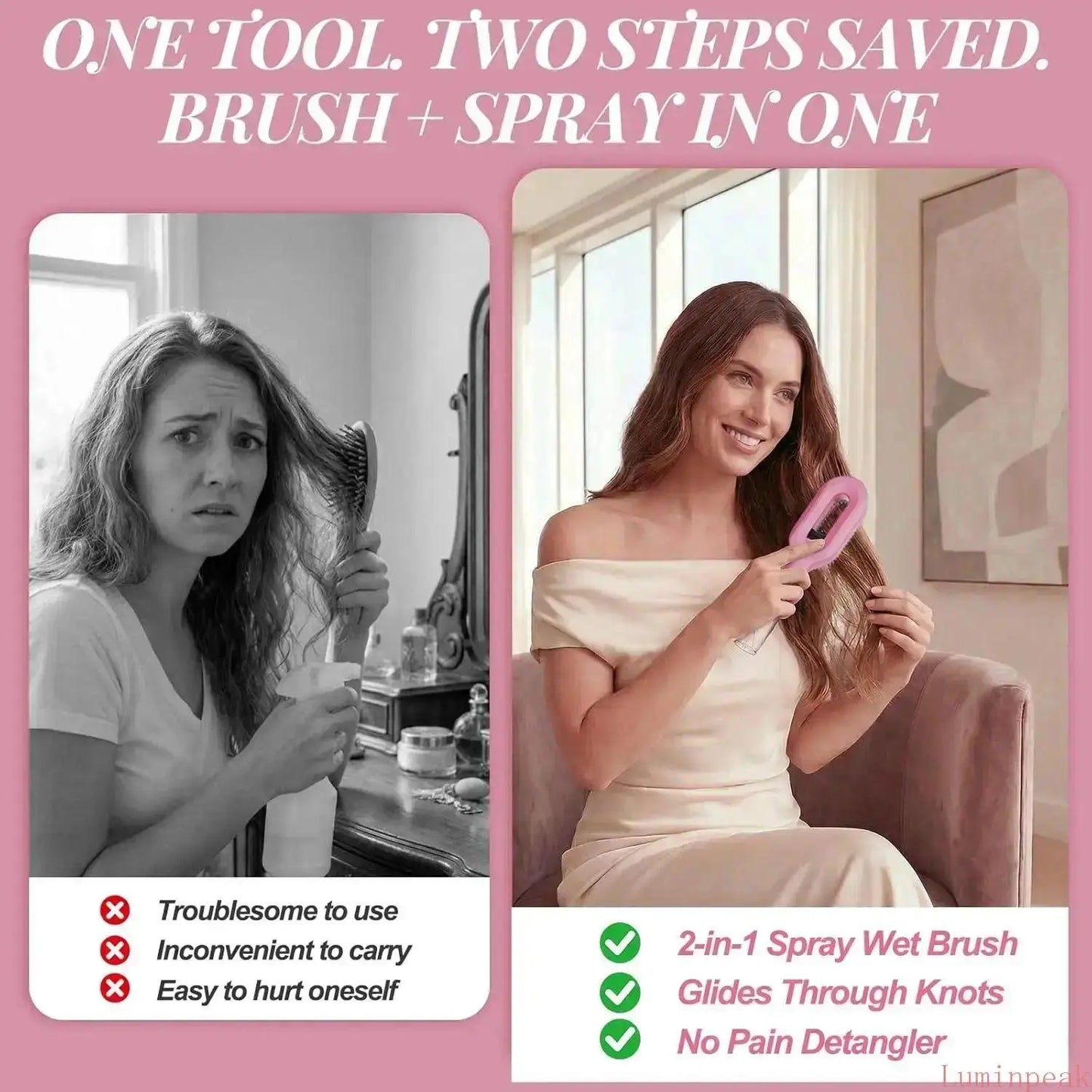 Compact Detangling Brush with Hydrating Mist Spray - Ergonomic, Eco-Friendly Frizz Control Styler for Curly Hair, Travel, and Morning Routines, Detangler Brush, Styling Brush, anti Tangle Brush, Travel Hairbrush