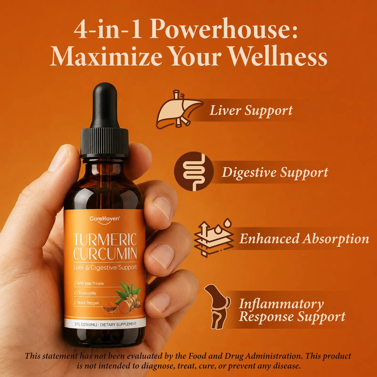 Carehaven Organic Turmeric Curcumin & Milk Thistle Liquid Drops - Prop 65 Safe Liver Aid with Dandelion, Chamomile, Black Pepper, Ginger, Orange Flavor, 2 Fl Oz Single Bottle