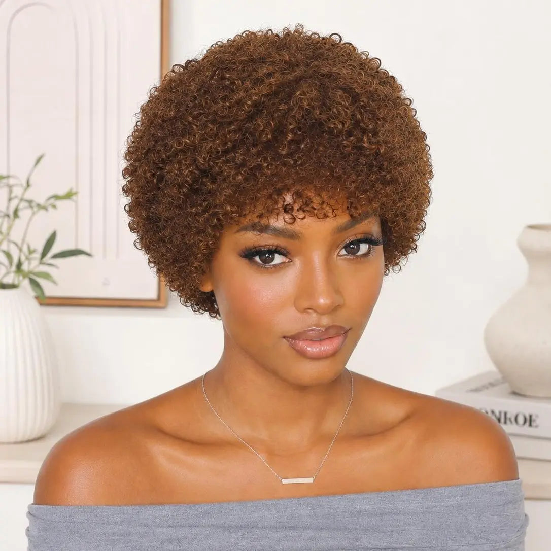 Glueless Water Wave Curly Wig for Women Short Wig Wear and Go No Lace No Glue Beginner-Friendly Chocolate Brown Color 6 Inch Machine Made Wig
