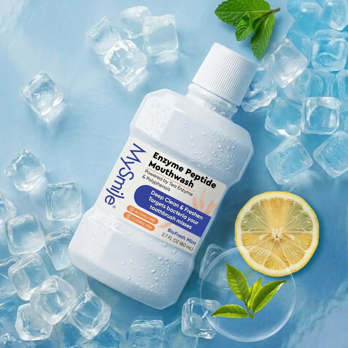 Mysmile Enzyme Peptide Whitening Mouthwash Cleanser - Alcohol-Free, Antibacterial, Xylitol, Anti-Cavity, Breath Freshening Oral Care, Bad Breath Fix, Moisturizing, Oil Control, 2.7 Fl Oz Travel Size, Unisex Adults