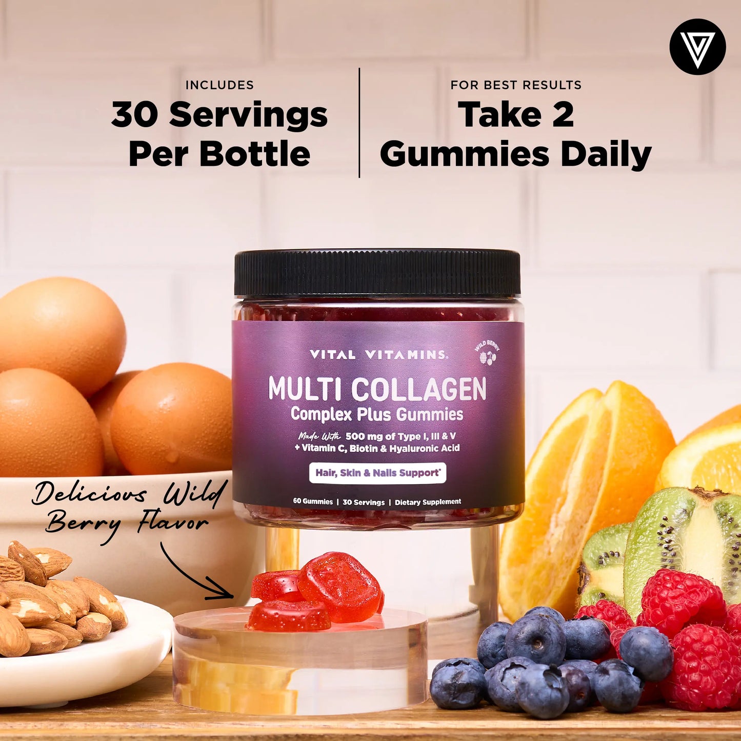 Vital Vitamins Multi Collagen Complex plus Gummies - 500Mg Collagen Types I, III & V with Hyaluronic Acid, Biotin, Vitamin C & Vitamin D - Wild Berry, 60 Gummies