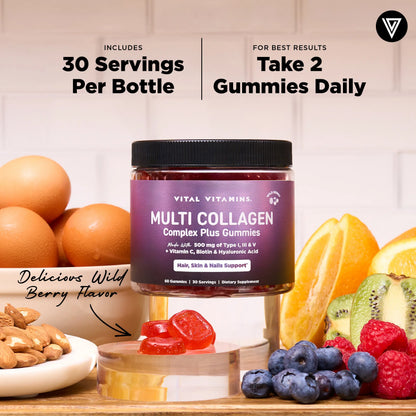 Vital Vitamins Multi Collagen Complex plus Gummies - 500Mg Collagen Types I, III & V with Hyaluronic Acid, Biotin, Vitamin C & Vitamin D - Wild Berry, 60 Gummies