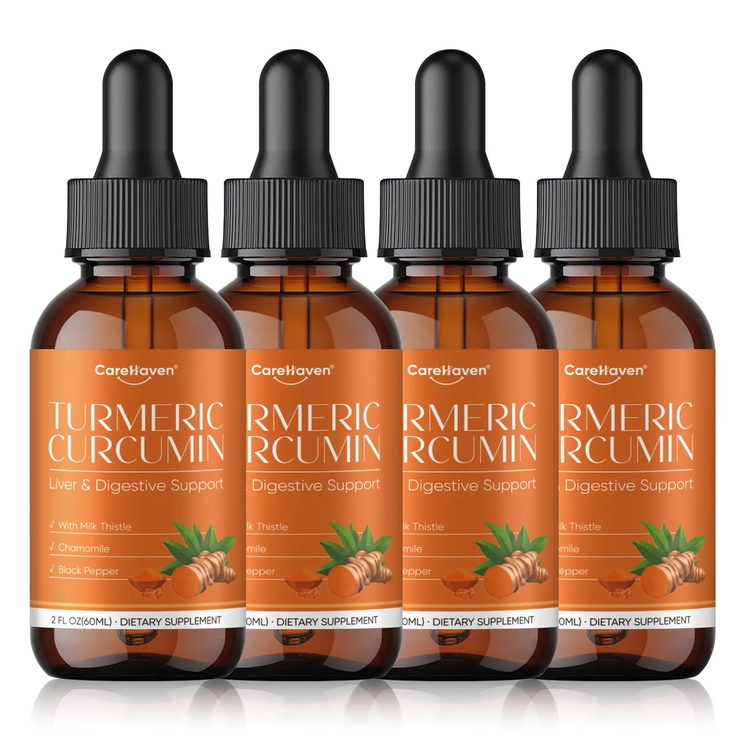 Carehaven Organic Turmeric Curcumin & Milk Thistle Liquid Drops - Prop 65 Safe Liver Aid with Dandelion, Chamomile, Black Pepper, Ginger, Orange Flavor, 2 Fl Oz Single Bottle