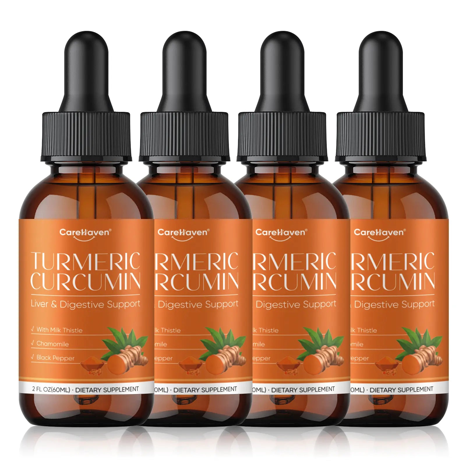 Carehaven Organic Turmeric Curcumin & Milk Thistle Liquid Drops - Prop 65 Safe Liver Aid with Dandelion, Chamomile, Black Pepper, Ginger, Orange Flavor, 2 Fl Oz Single Bottle