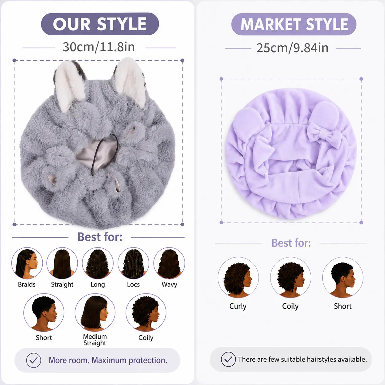 Brand Original Fox Ear Design Plush Satin Hair Bonnet for Sleeping, Soft Fleece Sleep Cap for Women with Satin Lining, Adjustable Elastic Band, anti Frizz Hair Protection Night Cap for Curly Hair, Braids, Natural Hair, Skincare & Lounge。