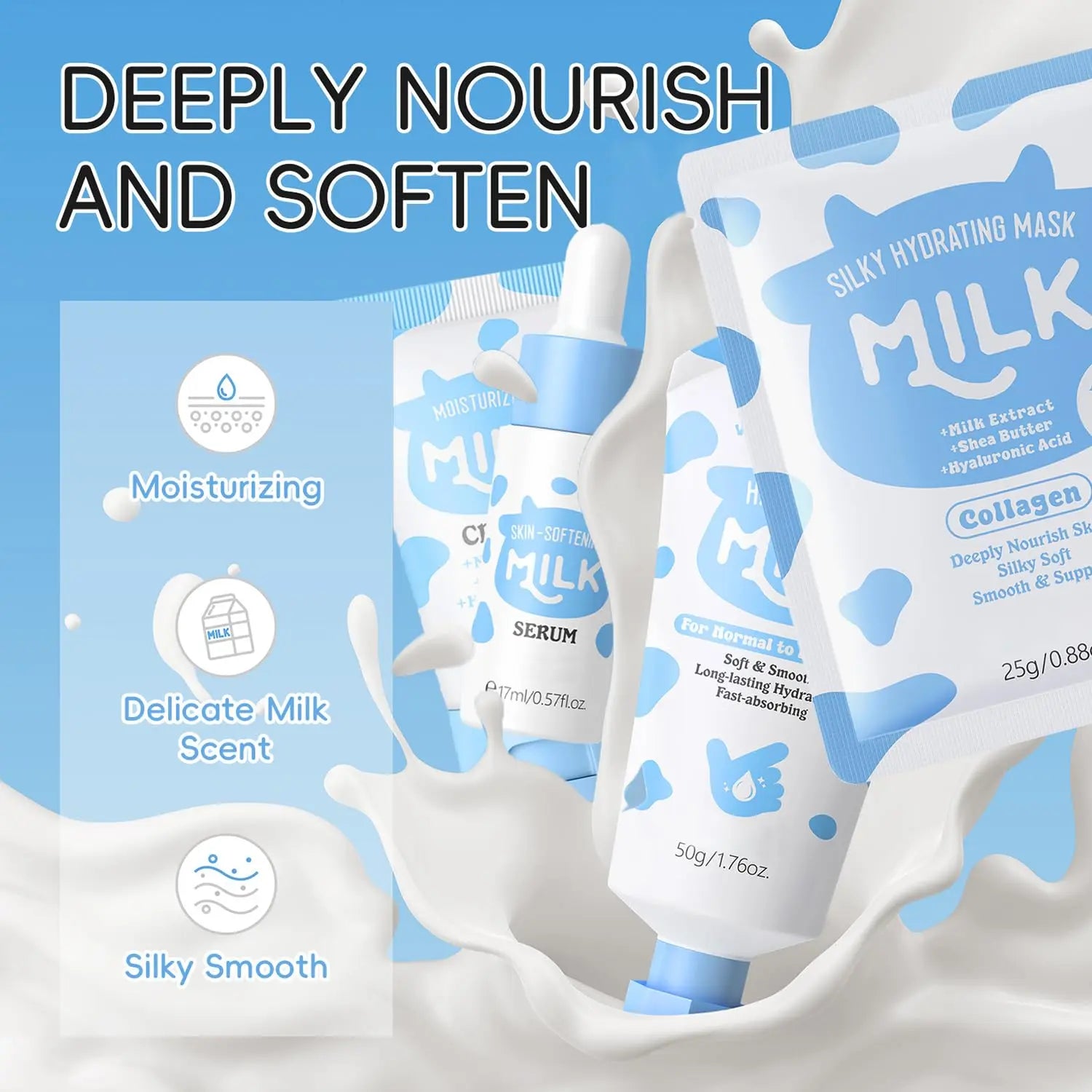 14PCS Milk Skincare Gift Set for Girls & Women, Facial Care Kit with Cleanser, Toner, Serum, Eye Cream, Hand Cream, Face Masks, Headband & Travel Cosmetic Bag, Hydrating & Nourishing Skin Care Set