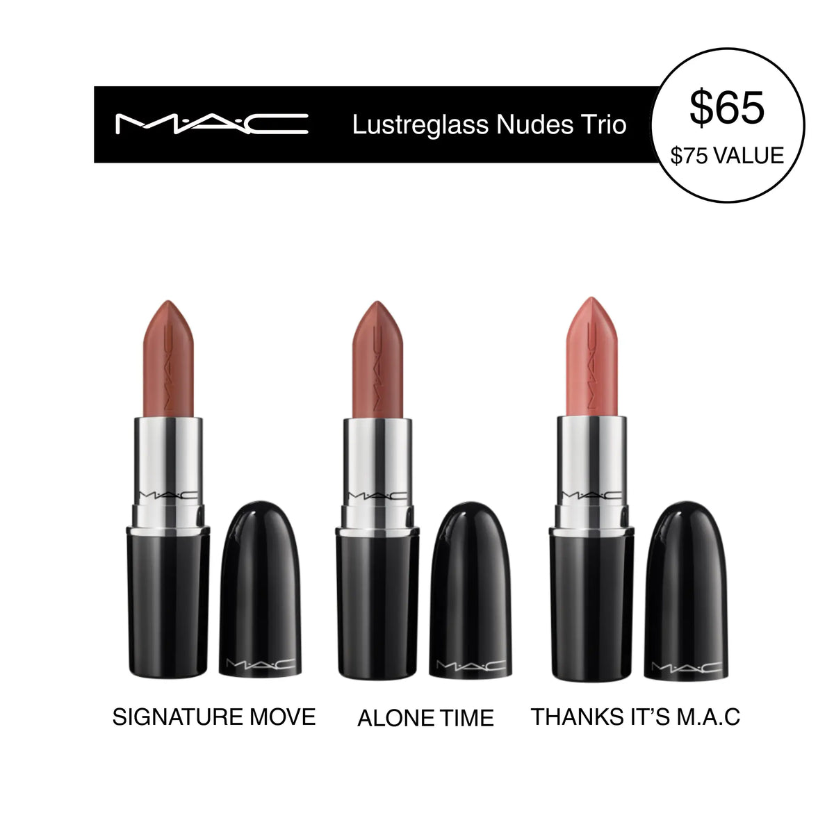 MAC Lustreglass Nudes Trio | Sheer-Shine Lipstick Set | 3 Nude Shades, Buildable Colour, 3 Pc