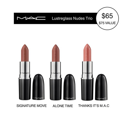 MAC Lustreglass Nudes Trio | Sheer-Shine Lipstick Set | 3 Nude Shades, Buildable Colour, 3 Pc