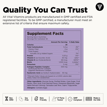 Vital Vitamins Multi Collagen Complex plus Gummies - 500Mg Collagen Types I, III & V with Hyaluronic Acid, Biotin, Vitamin C & Vitamin D - Wild Berry, 60 Gummies