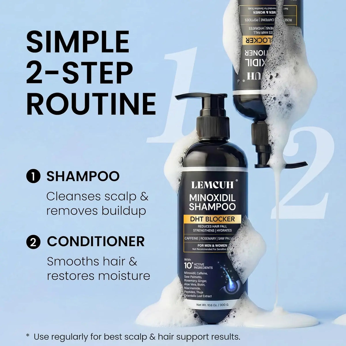 Lemcuh Minoxidil Shampoo and Conditioner Set for Hair Growth – DHT Blocker Shampoo Conditioner Enriched with Biotin, Saw Palmetto & Ginger – Supports Thicker, Fuller Hair, Scalp Care Formula for Men Women